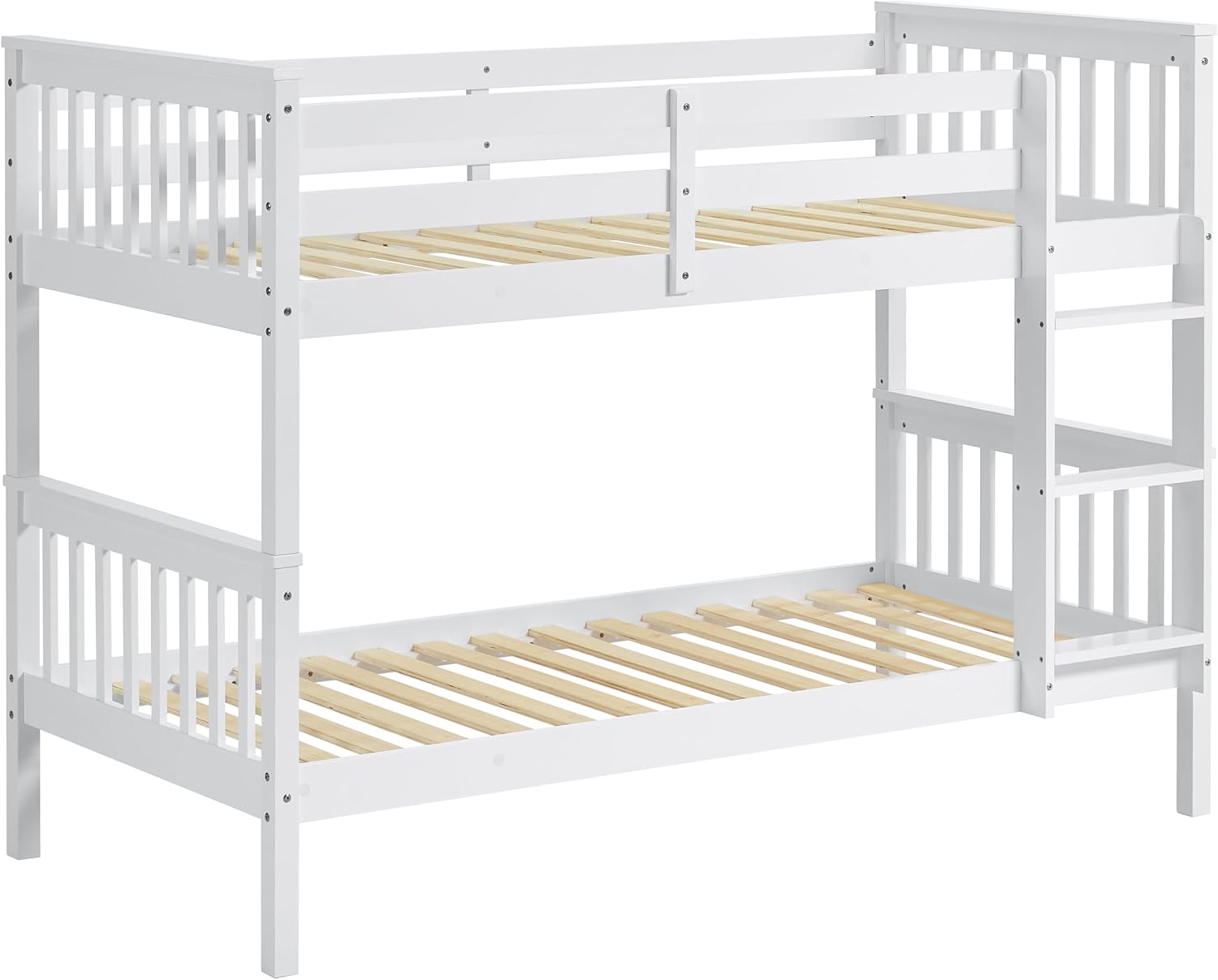 Single Bunk Bed Frame | Solid Pine Wood | Guard Rails & Ladder | Splits into 2 Beds | White & Grey