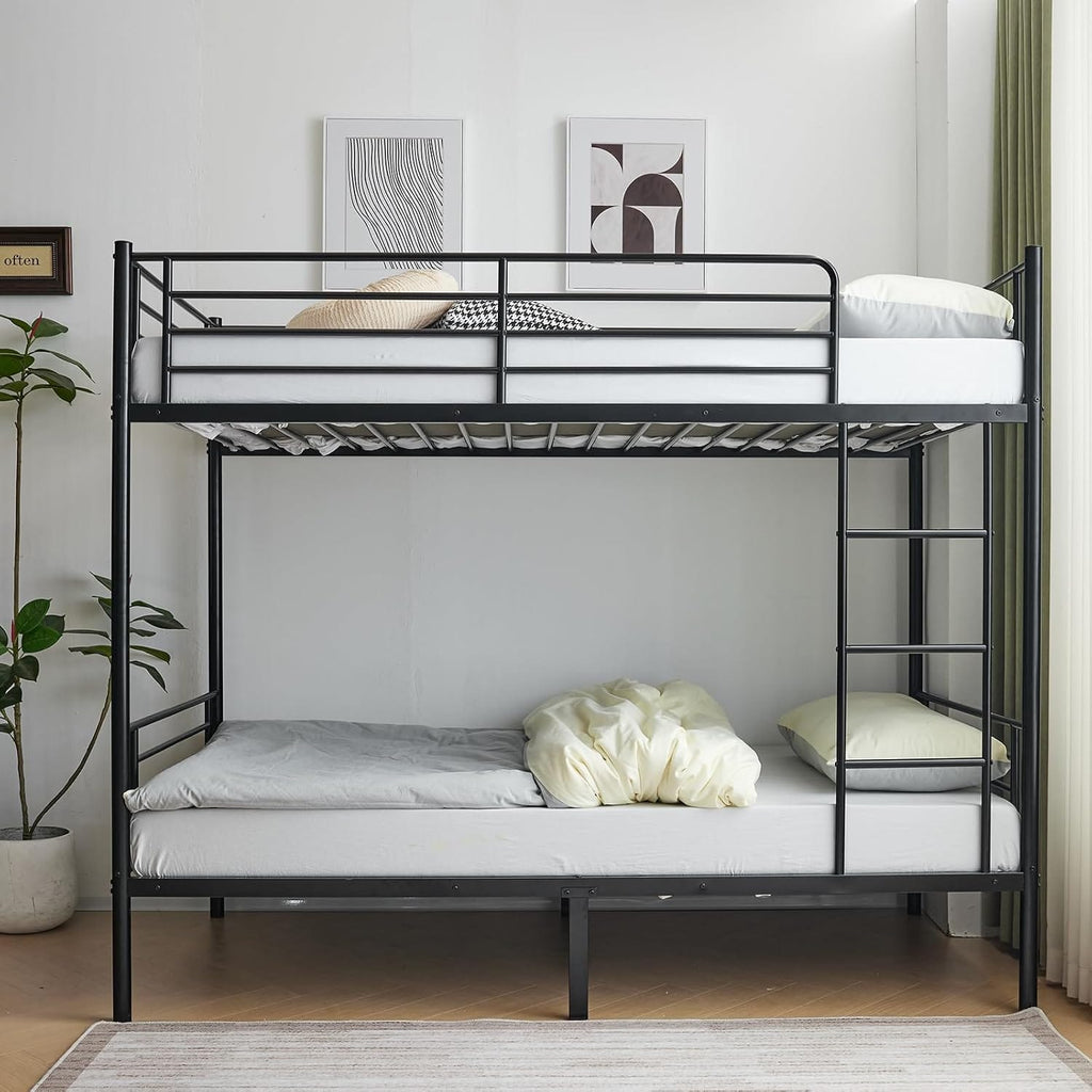 Heavy Duty Metal Bunk Bed Single over Single | Full-Length Guardrails | Optional Storage Drawers | Black & White