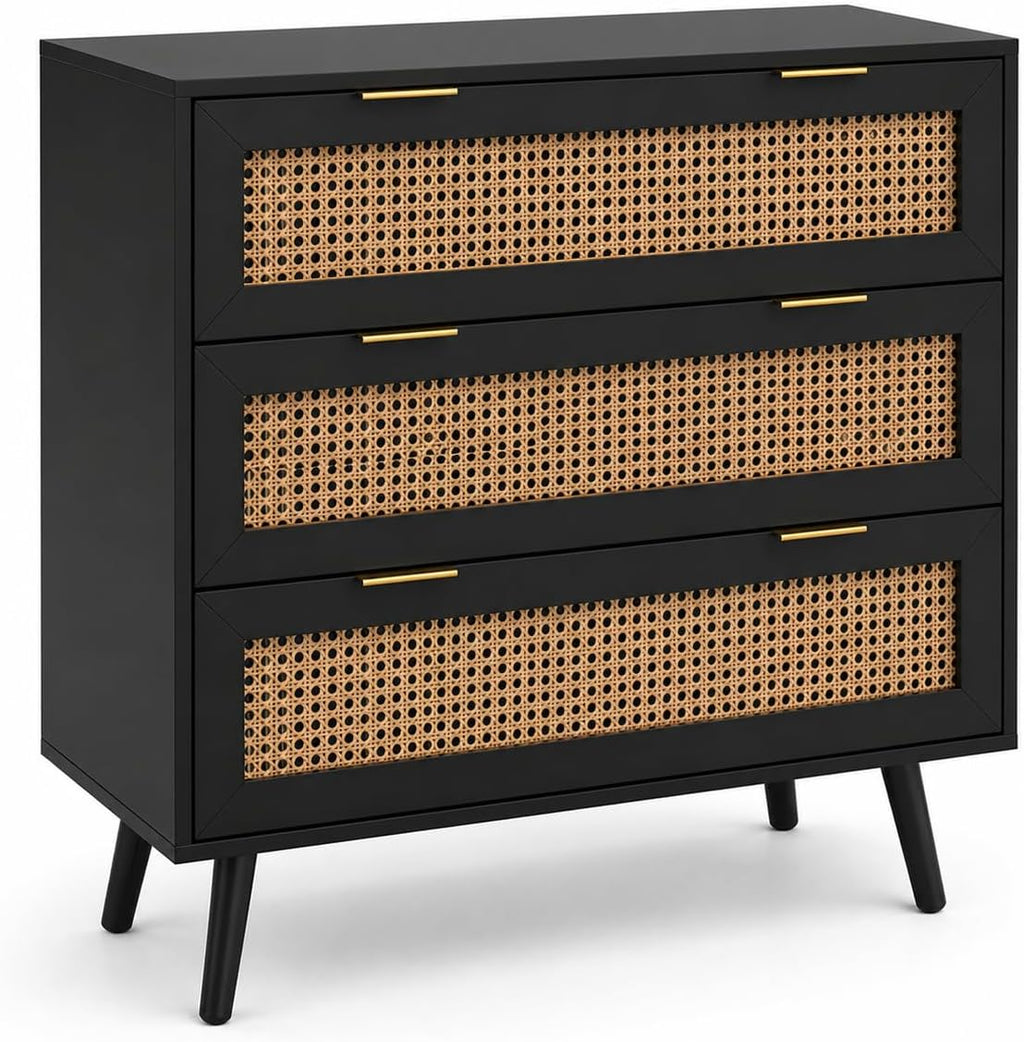 Black Rattan Chest of 3 Drawers | Real Rattan Fronts | Solid Pine Legs | Golden Handles | Bedroom & Living Room