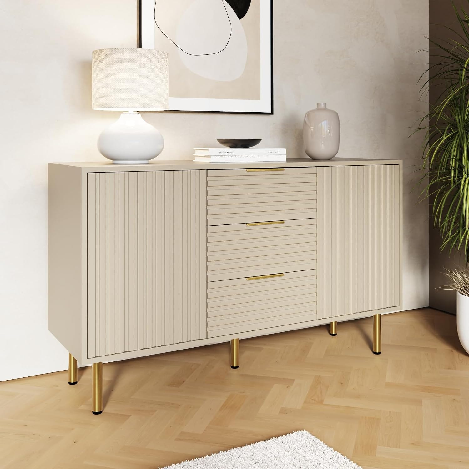 Art Deco Sideboard with 3 Drawers & 2 Doors | Wood Grain Finish | Brushed Metal Handles | Oak, Ivory & Black