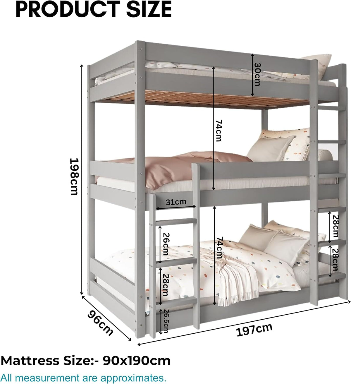 Shano Bunk Bed, 3ft Triple Bunk Bed with Ladder, Wooden Triple Sleeper Kids Bunk Bed, Solid Pine Wood Single Bed Frame for Children, Space Saving High Sleeper Bunk Bed