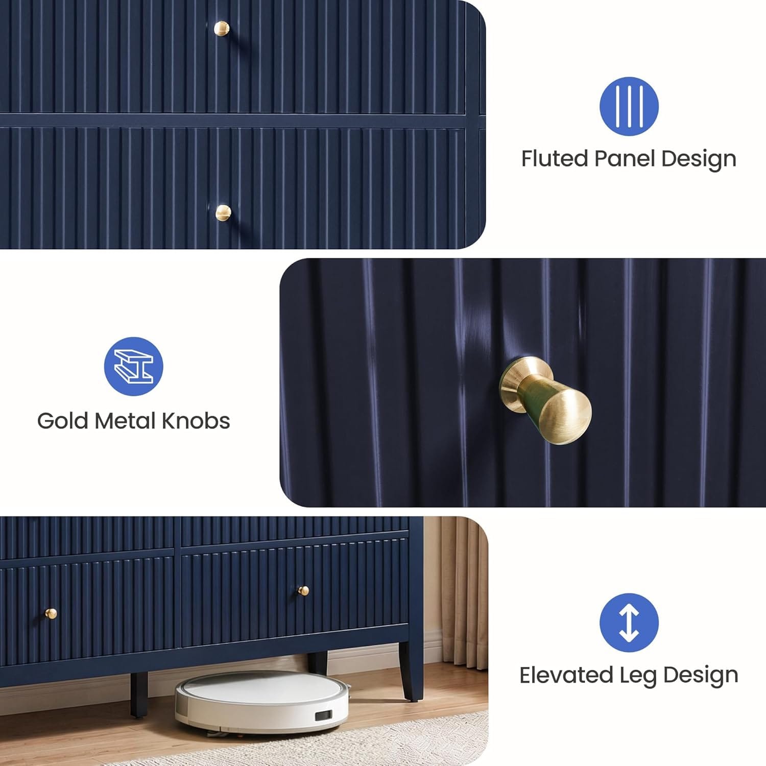 Fluted Chest of Drawers | 6 or 3 Drawers | Wide MDF Storage Unit | Water-Resistant | Black, Blue & Green