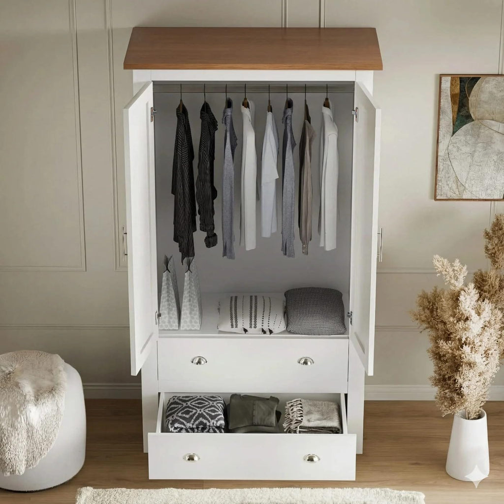 Shano 3 Door Wardrobe with Hanging Rail, 4 Shelves & 2 Drawers | White, Grey & Blue