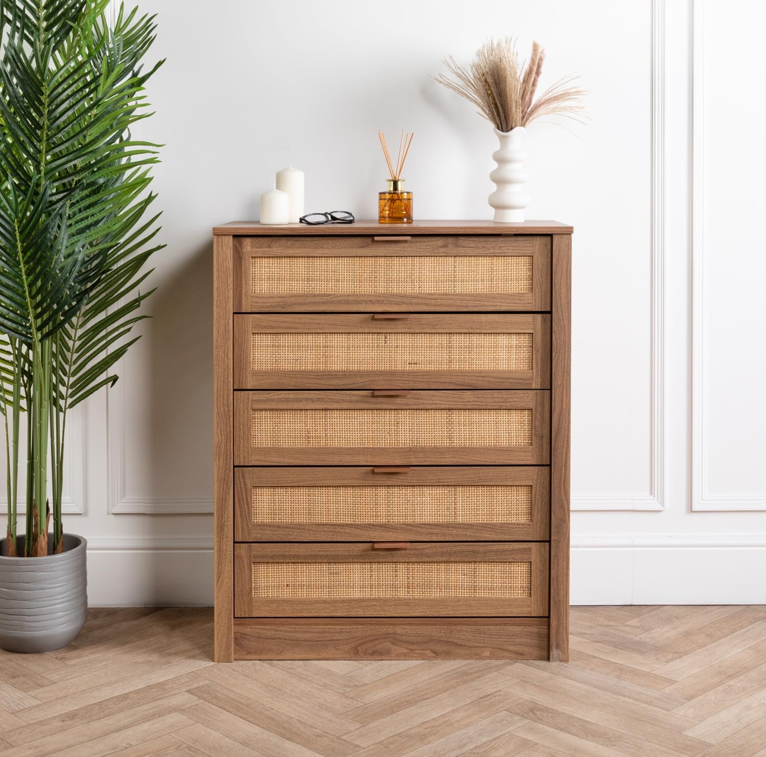 Rattan Chest of 5 Drawers | Wooden Frame | Scratch-Resistant | Bedroom, Living Room & Hallway