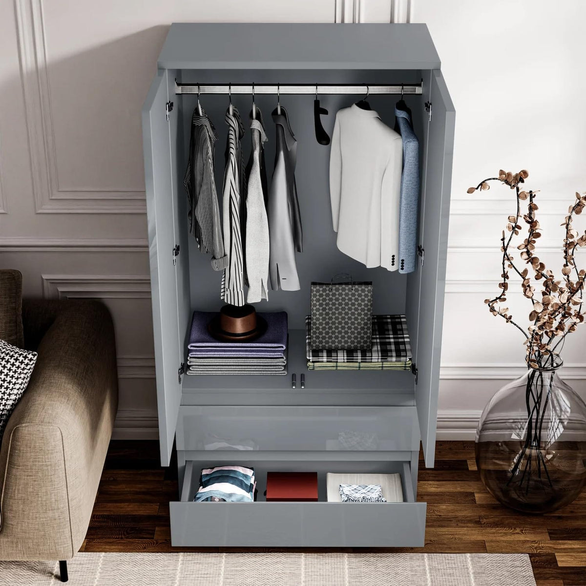 Shano High Gloss Wardrobe for Bedroom – White 2 Door & 2 Drawers Wooden Wardrobe with Hanging Rail, Modern Double Clothes Storage Cupboard Unit for Bedroom Furniture