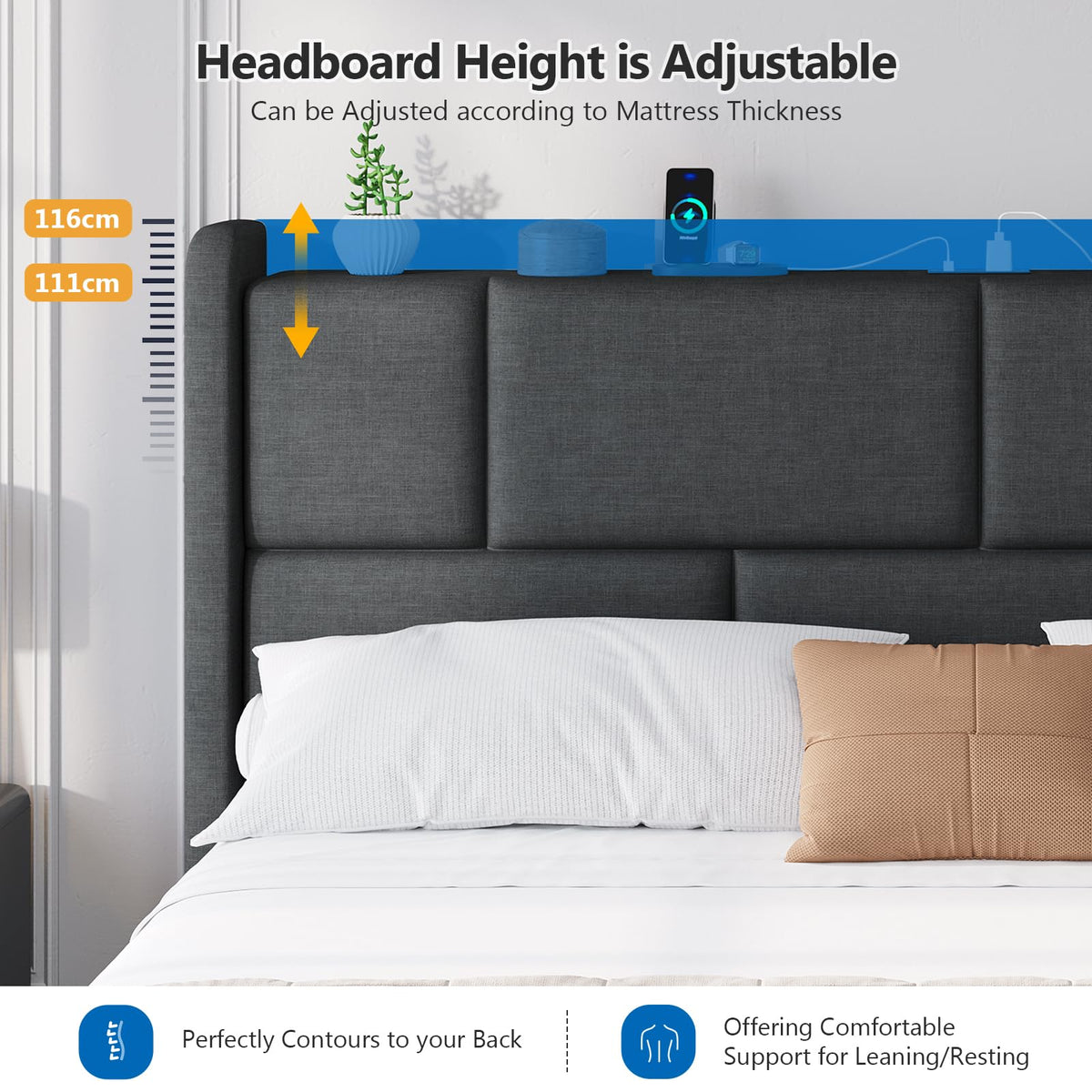 Ottoman Single Bed Frame with Hydraulic Storage, Charging Station & Adjustable Headboard | Grey | 3ft (90x190cm)