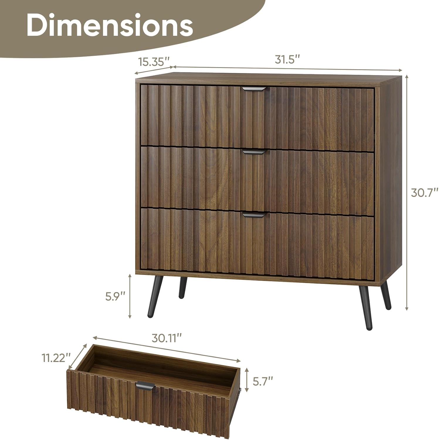 Fluted Chest of 3 Drawers | Mid-Century Modern | Walnut Veneer | Metal Legs | Bedroom & Living Room