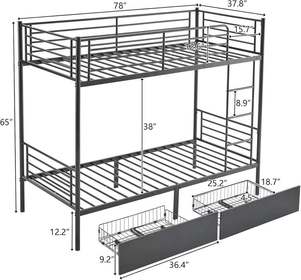 Heavy Duty Metal Bunk Bed Single over Single | Full-Length Guardrails | Optional Storage Drawers | Black & White