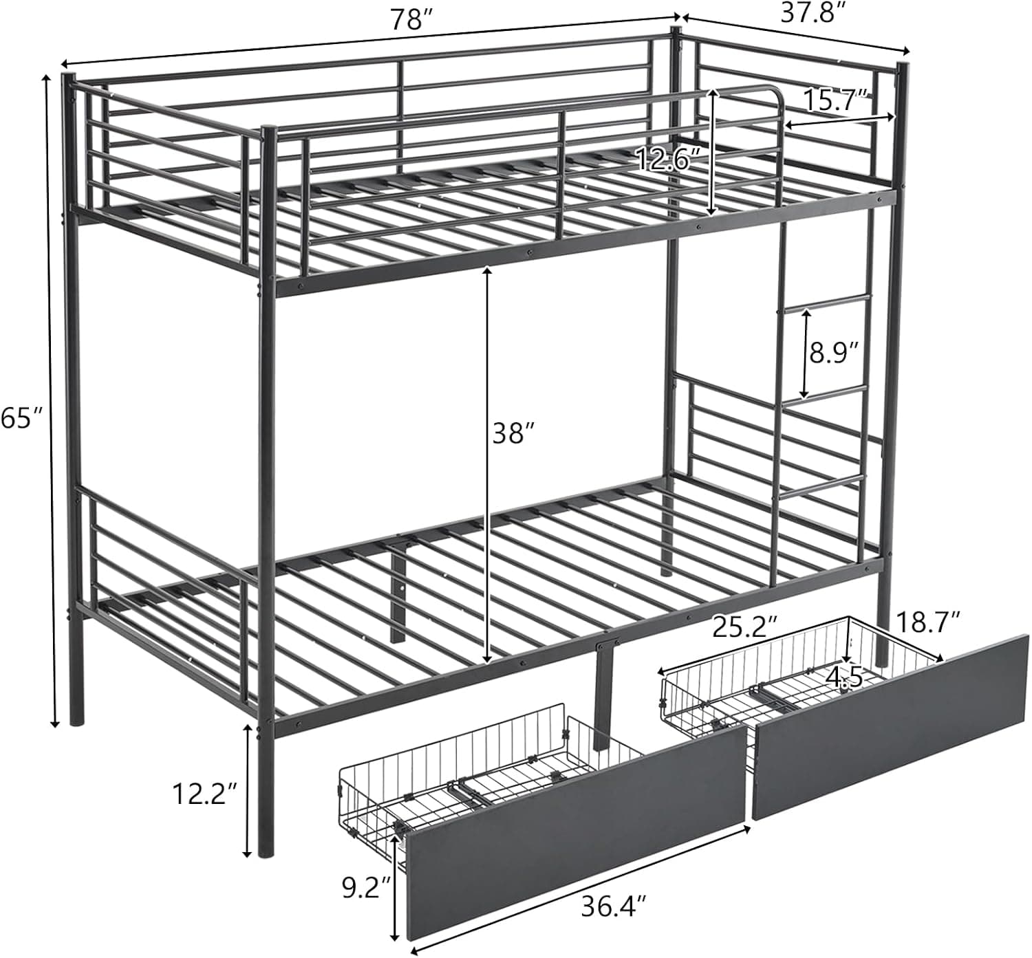 Heavy Duty Metal Bunk Bed Single over Single | Full-Length Guardrails | Optional Storage Drawers | Black & White