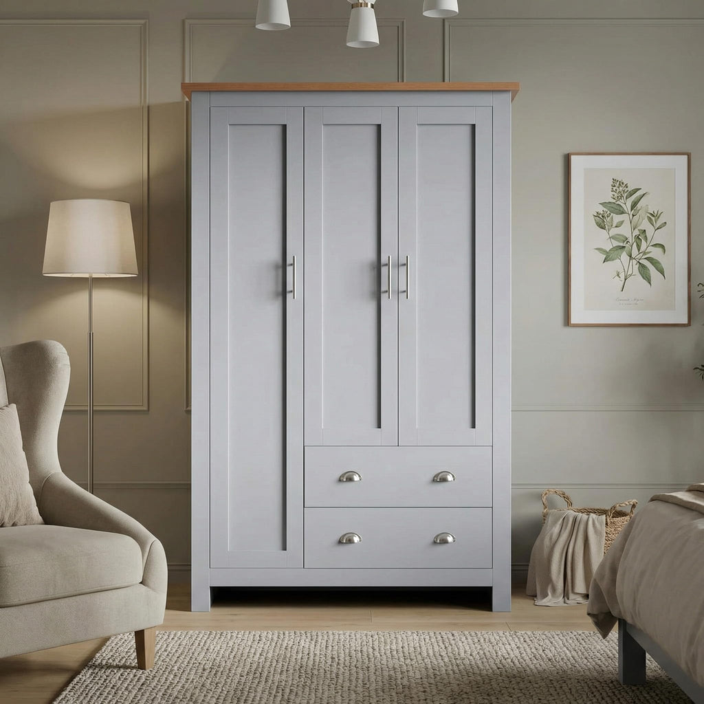 Shano 3 Door Wardrobe with Hanging Rail, 4 Shelves & 2 Drawers | White, Grey & Blue