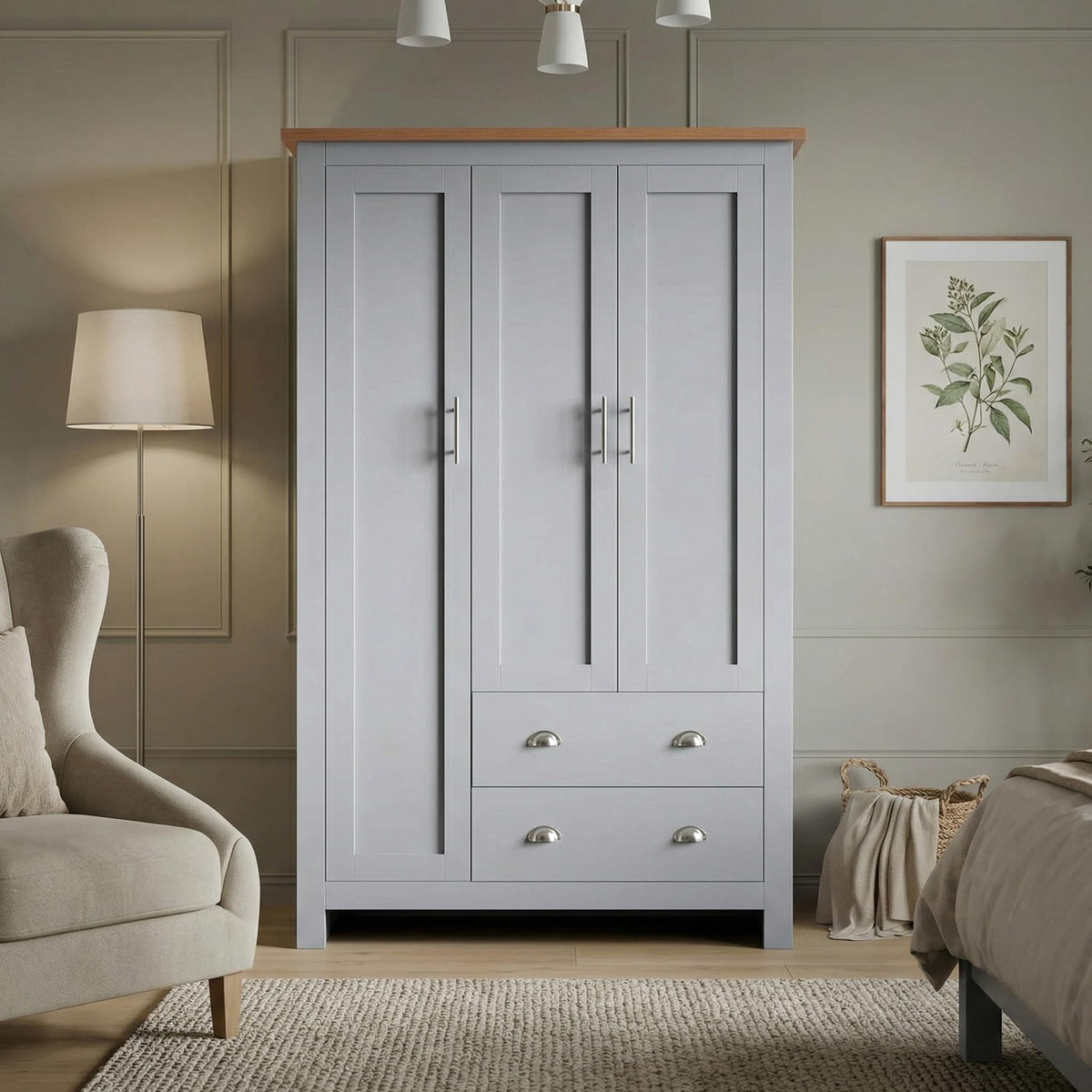 Shano 3 Door Wardrobe with Hanging Rail, 4 Shelves & 2 Drawers | White, Grey & Blue