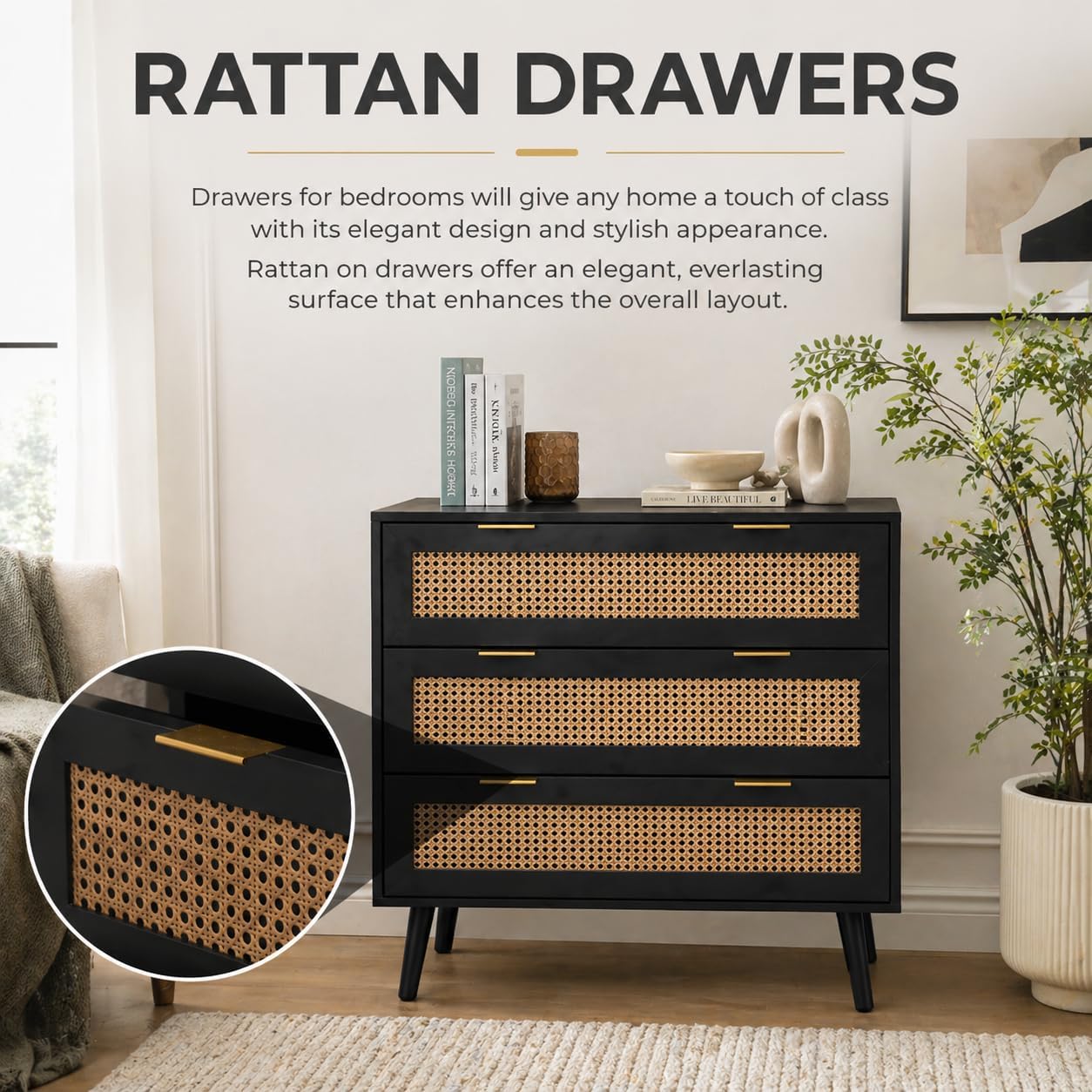 Black Rattan Chest of 3 Drawers | Real Rattan Fronts | Solid Pine Legs | Golden Handles | Bedroom & Living Room