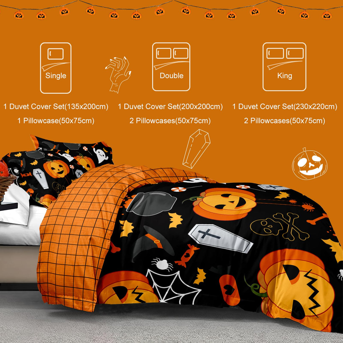 Halloween Duvet Cover Set 3 Pieces with Skull Pumpkin