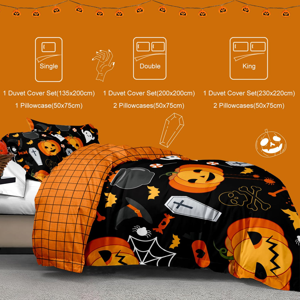 Halloween Duvet Cover Set 3 Pieces with Skull Pumpkin