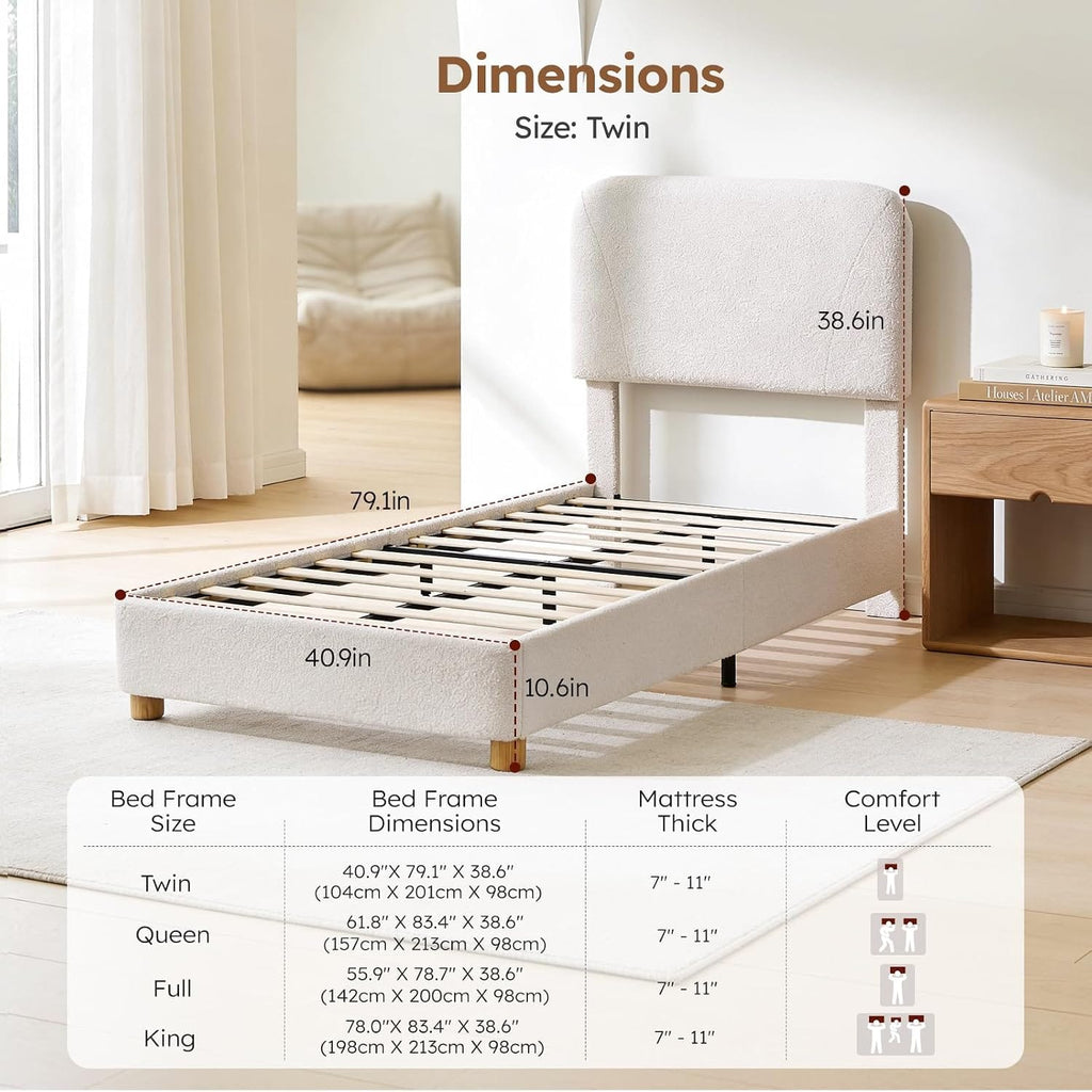 Boucle Cloud Bed Frame | Upholstered Adjustable Headboard | Solid Wood Legs | Double & King