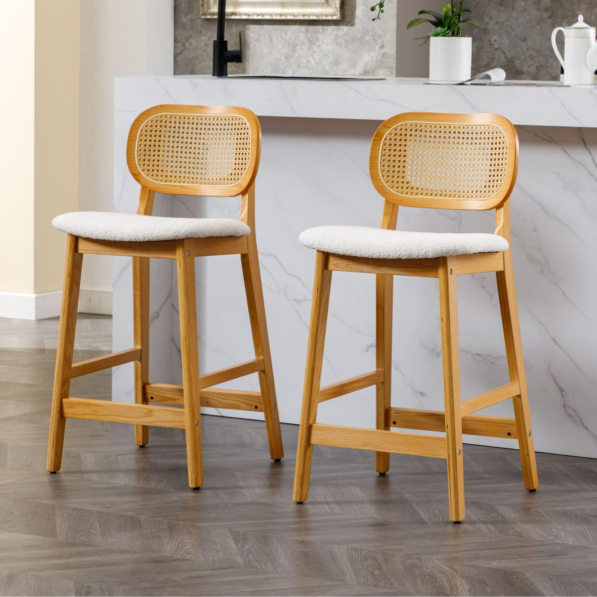 Shano Bar Stools Set of 2 | Rattan Backrest | Adjustable Height | PU Cushion | 4 Colours