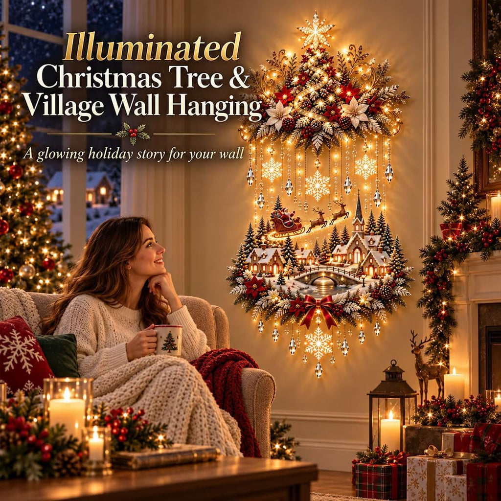 Illuminated Christmas Tree & Village Wall Hanging,Warm Light Holiday Decor