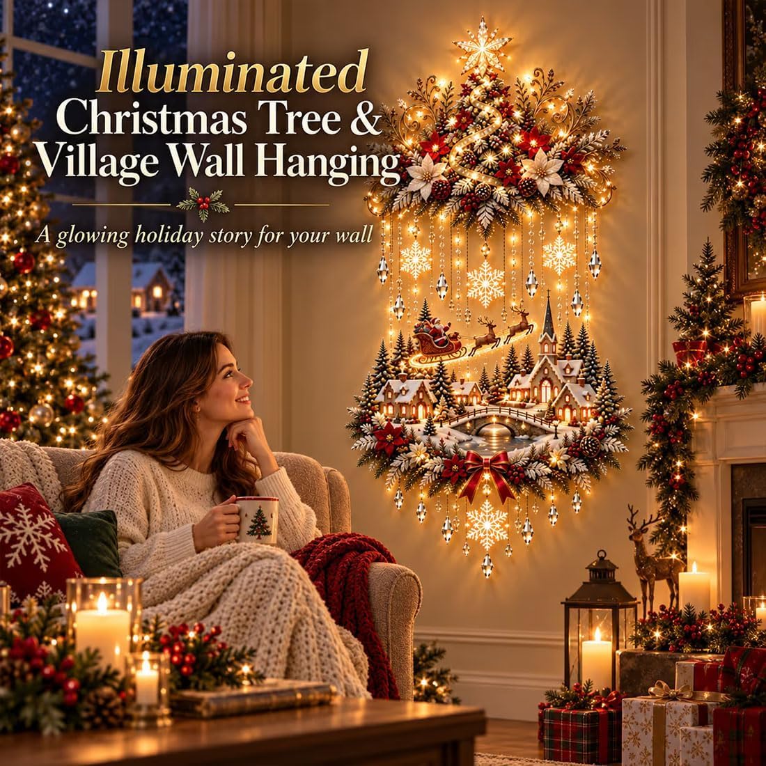 Illuminated Christmas Tree & Village Wall Hanging,Warm Light Holiday Decor