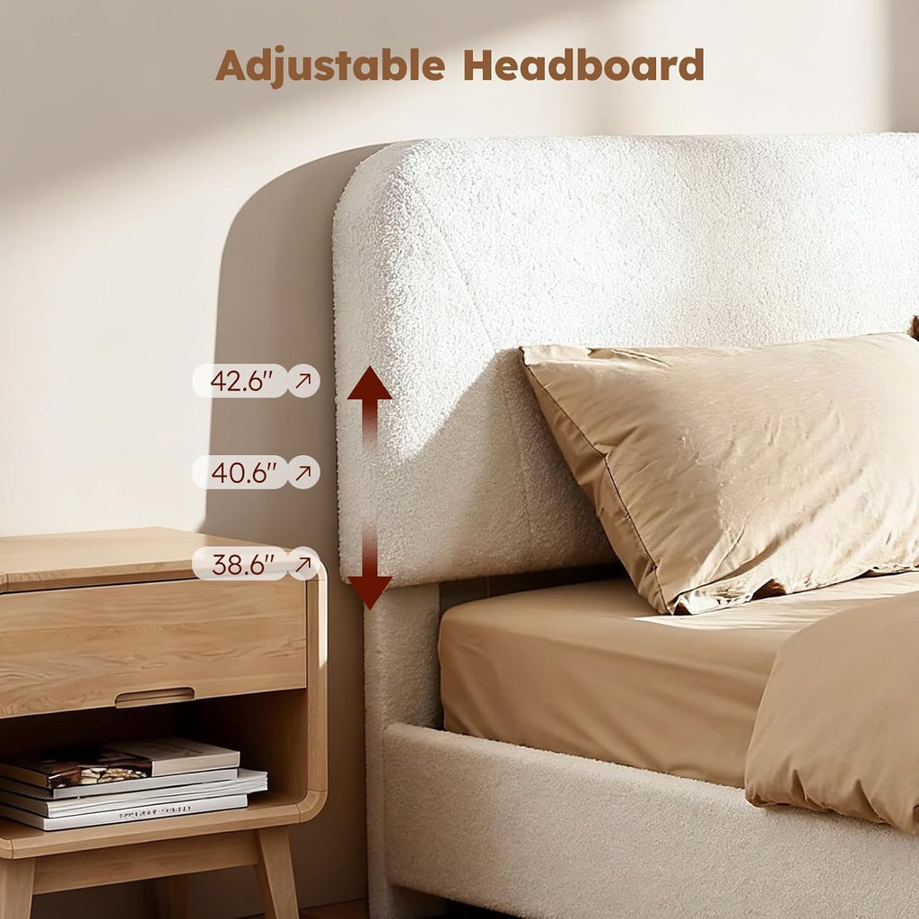 Boucle Cloud Bed Frame | Upholstered Adjustable Headboard | Solid Wood Legs | Double & King