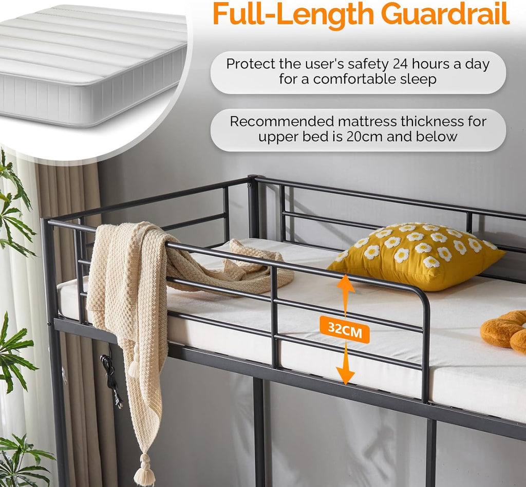 Metal Bunk Bed Single over Single | 38cm Full-Length Guardrail | Non-Slip Ladder | Optional Drawer | Black, White & Grey
