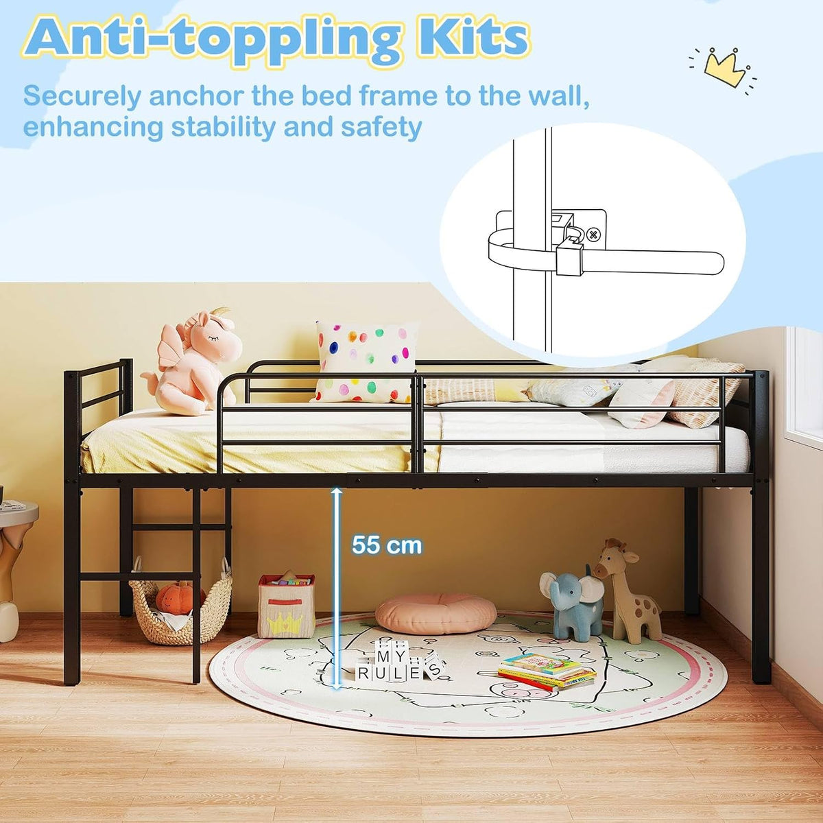 Metal Kids Bunk Bed, 3FT Children Loft Bed with Guardrails & 2 Ladders, Heavy Duty Toddler Bedframe for Boys Girls, No Box Spring Needed (Black)