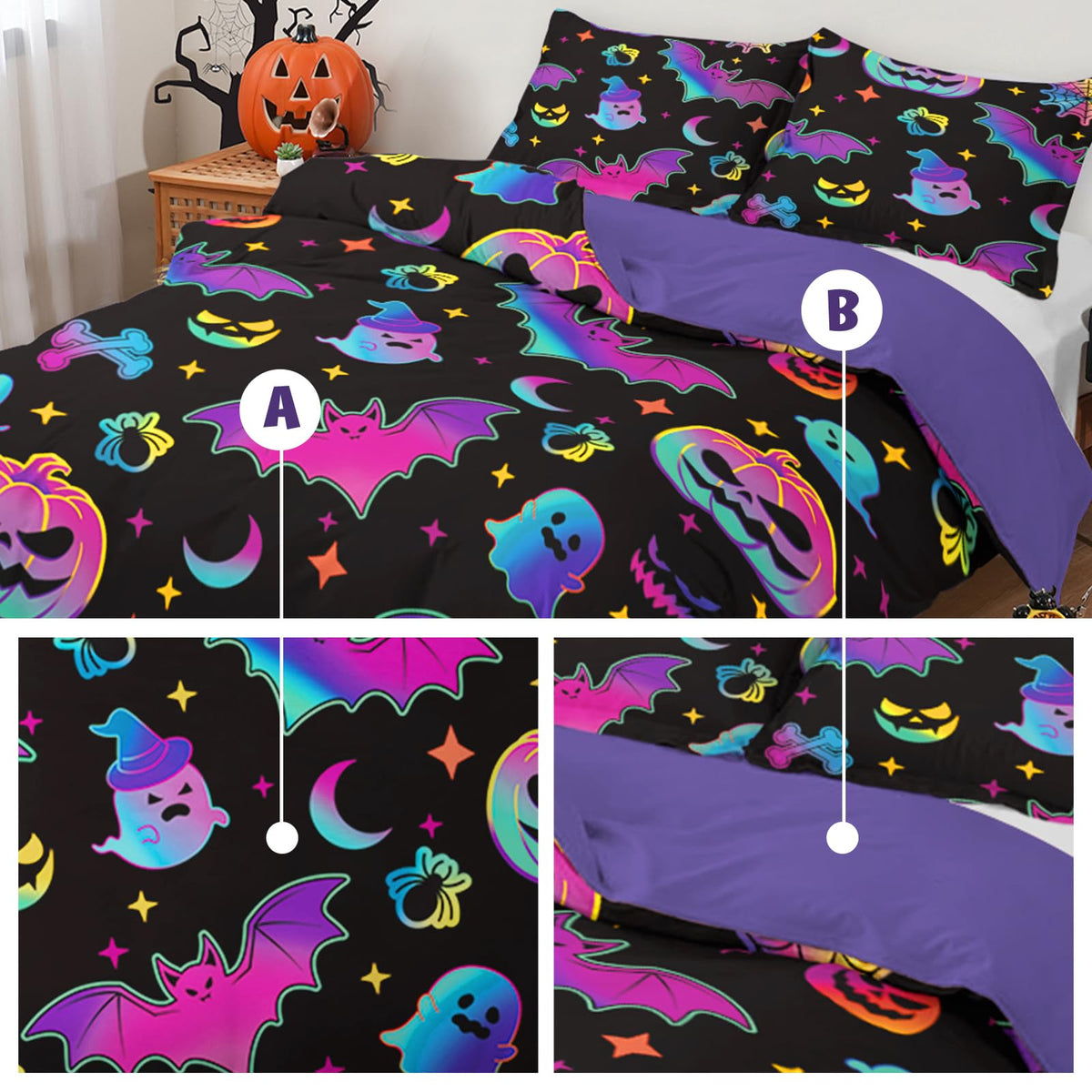 Halloween Duvet Cover Set 3 Pieces with Skull Pumpkin