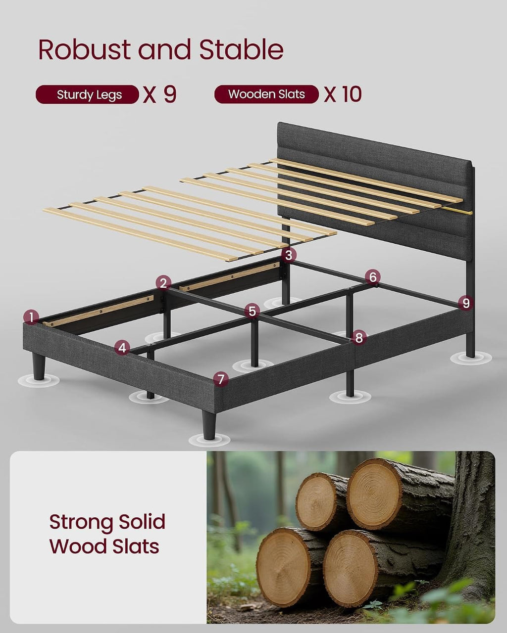 Upholstered Bed Frame | Adjustable Headboard | Metal Frame & Wooden Slats | Double & King
