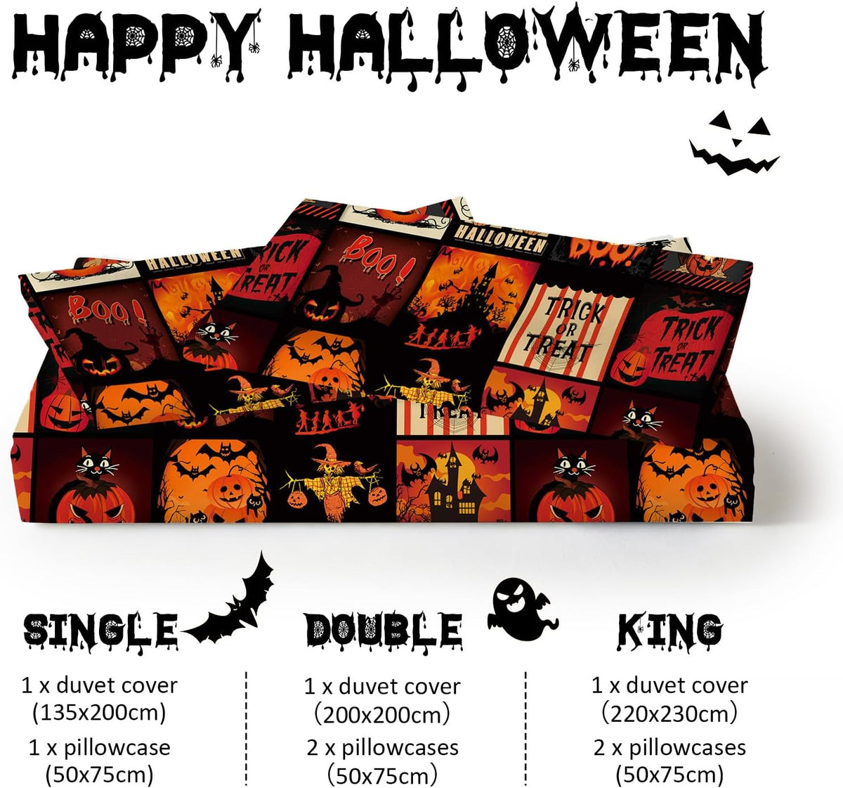 Halloween Duvet Cover Set 3 Pieces with Skull Pumpkin