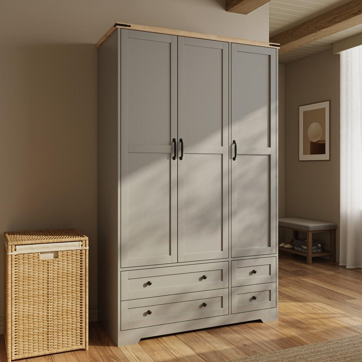 Shano Wardrobe with 3 Doors & 4 Drawers | White, Black, Grey & Oak
