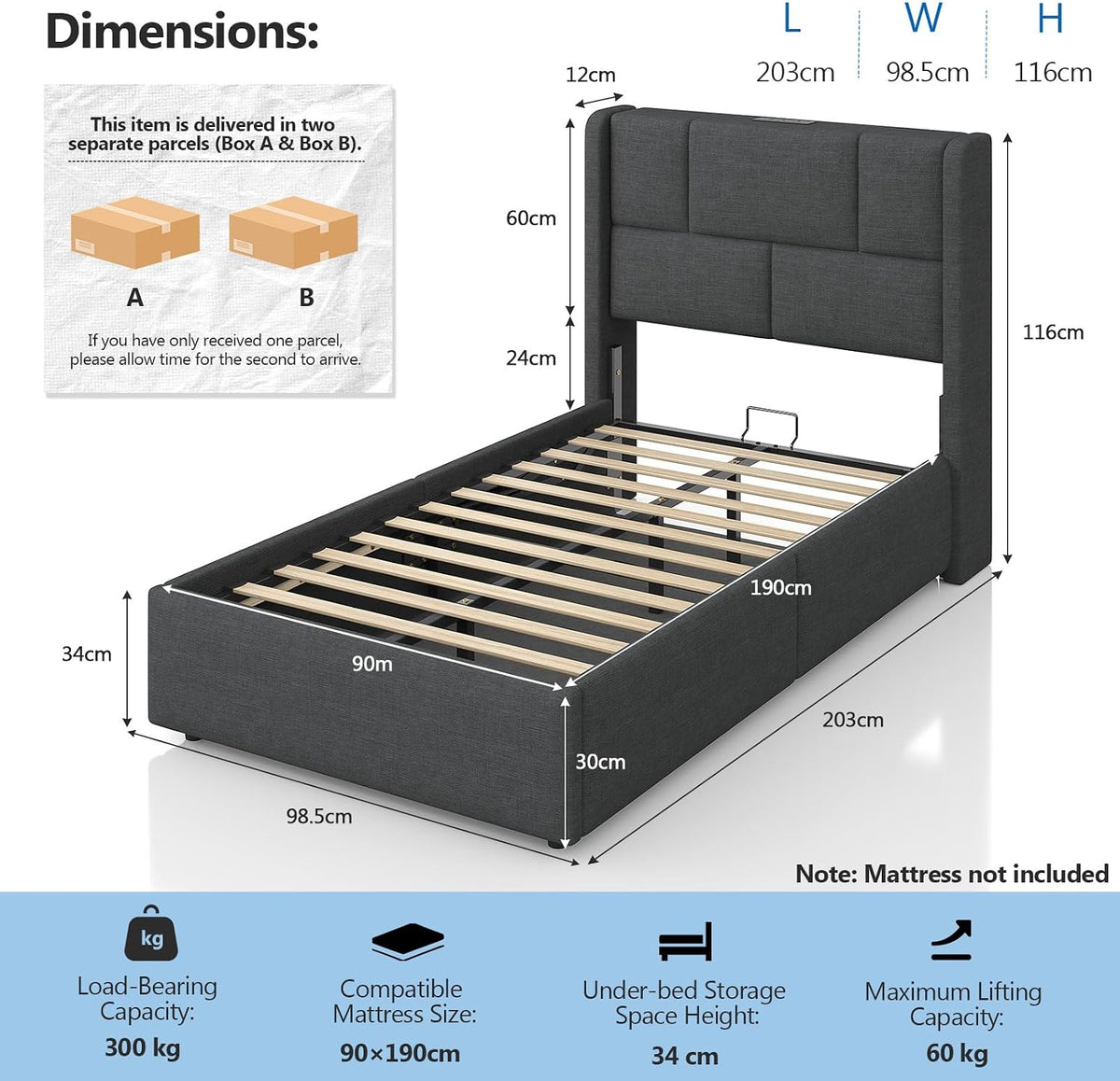 Ottoman Single Bed Frame with Hydraulic Storage, Charging Station & Adjustable Headboard | Grey | 3ft (90x190cm)