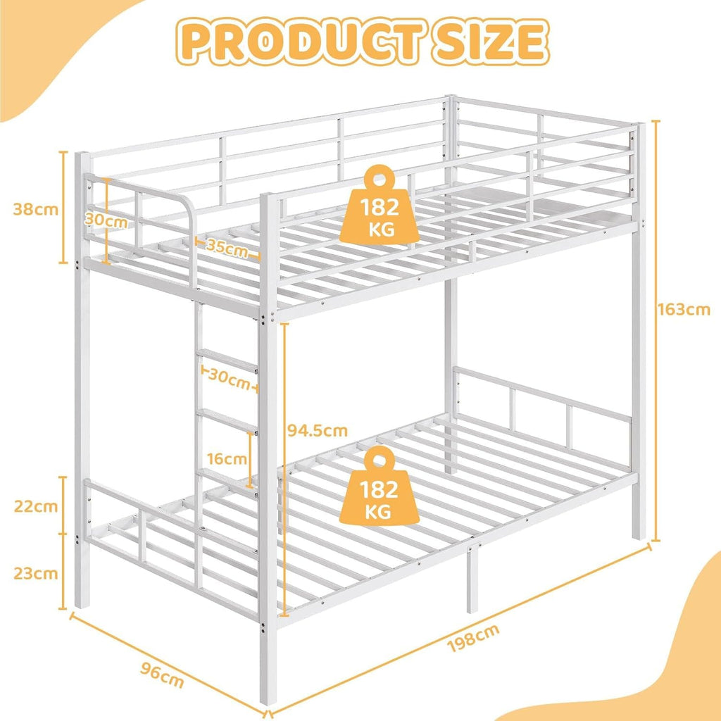 Metal Bunk Bed Single over Single | 38cm Full-Length Guardrail | Non-Slip Ladder | Optional Drawer | Black, White & Grey