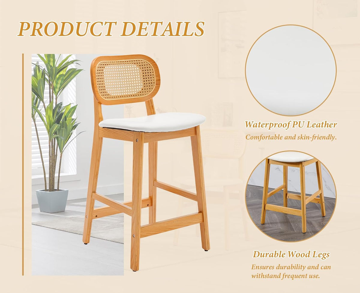 Shano Bar Stools Set of 2 | Rattan Backrest | Adjustable Height | PU Cushion | 4 Colours