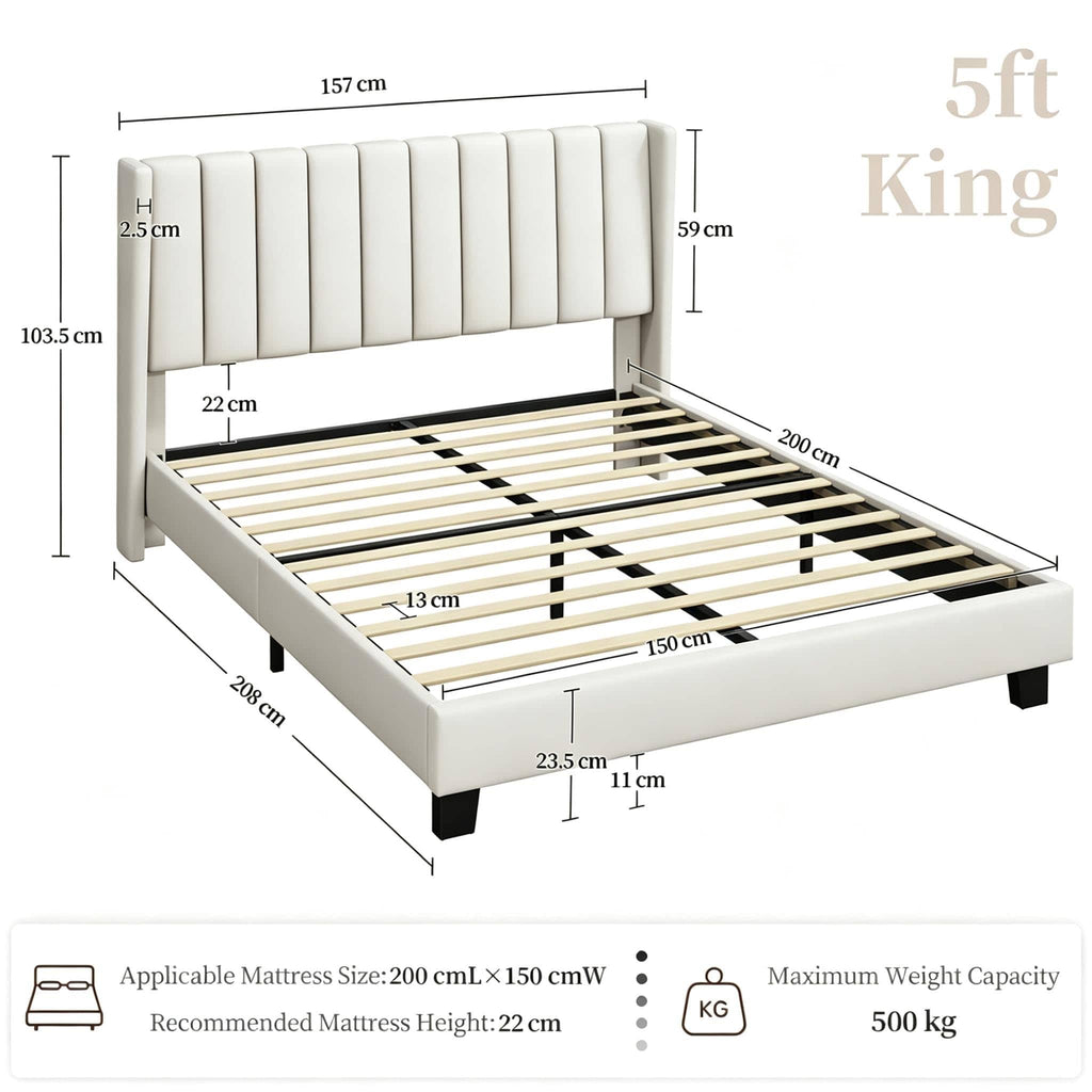 Shano Furniture Channel-Tufted Wing Bed Frame, Double, Beige