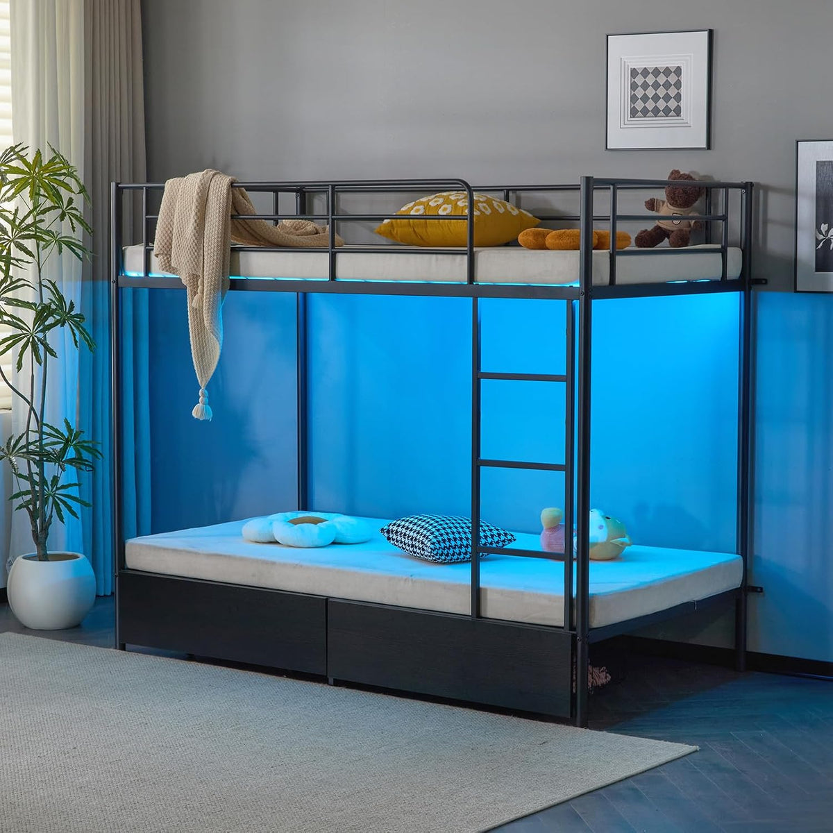 Metal Bunk Bed Single over Single | 38cm Full-Length Guardrail | Non-Slip Ladder | Optional Drawer | Black, White & Grey