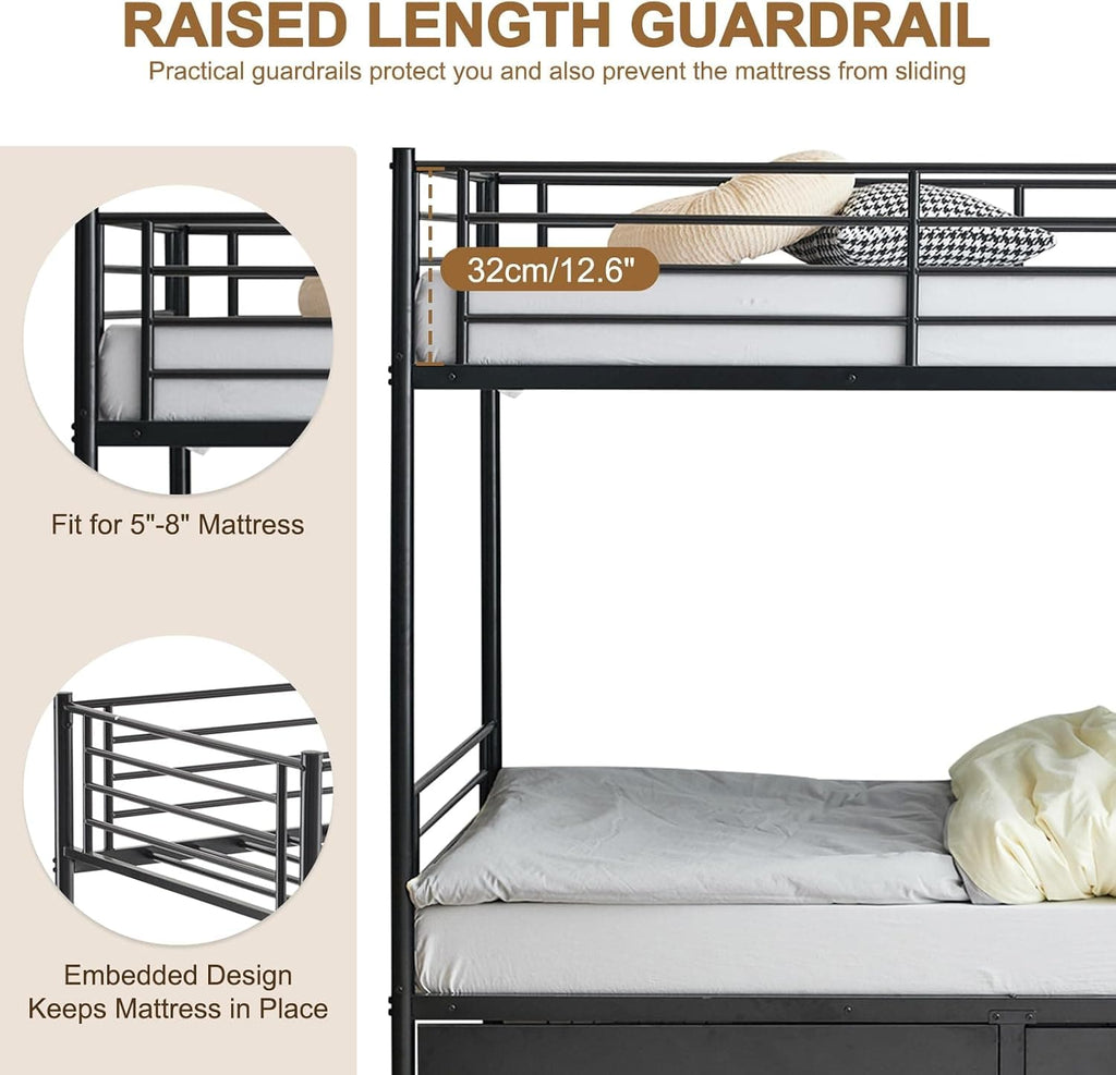 Heavy Duty Metal Bunk Bed Frame with 2 Storage Drawers