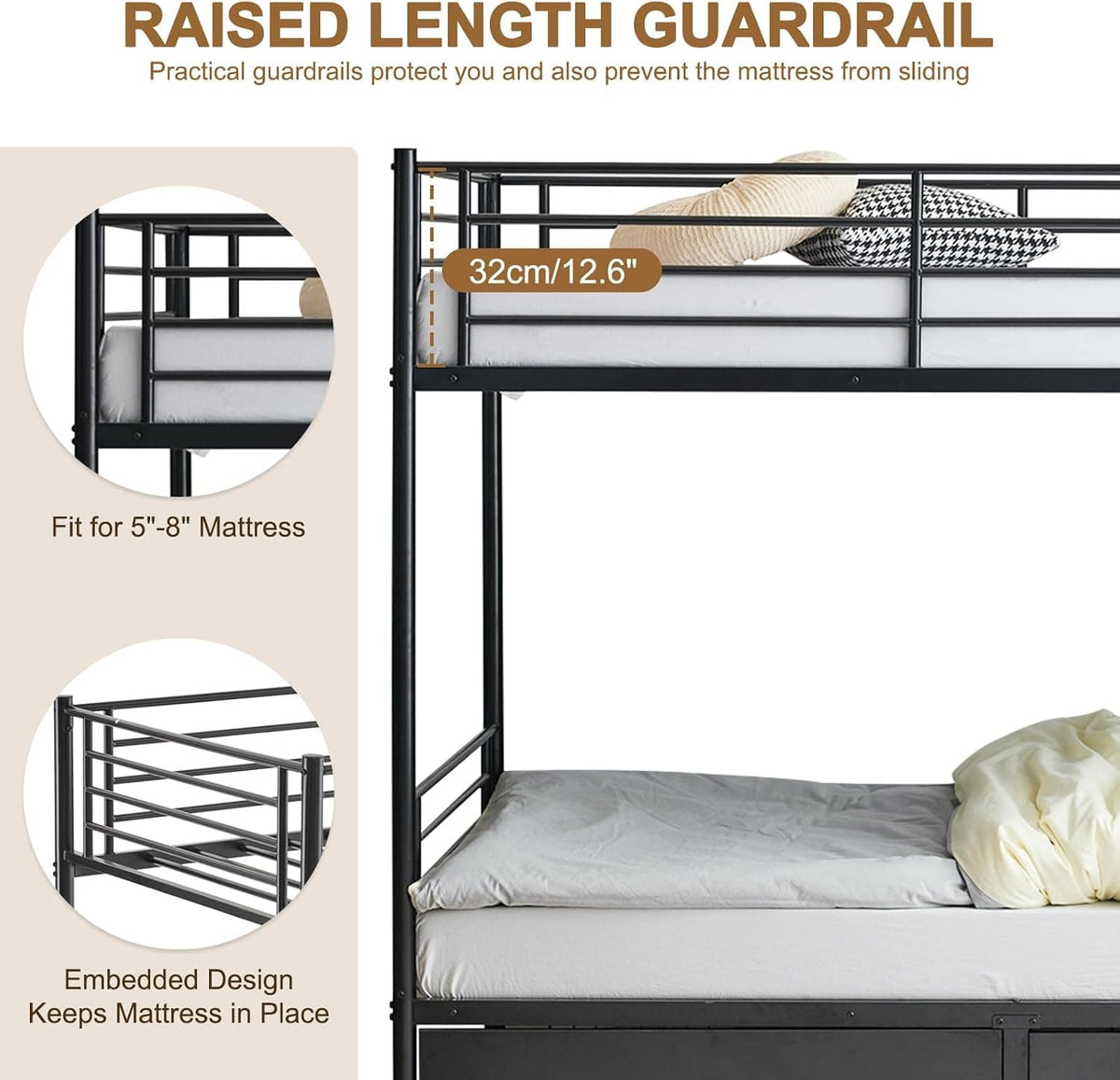 Heavy Duty Metal Bunk Bed Frame with 2 Storage Drawers