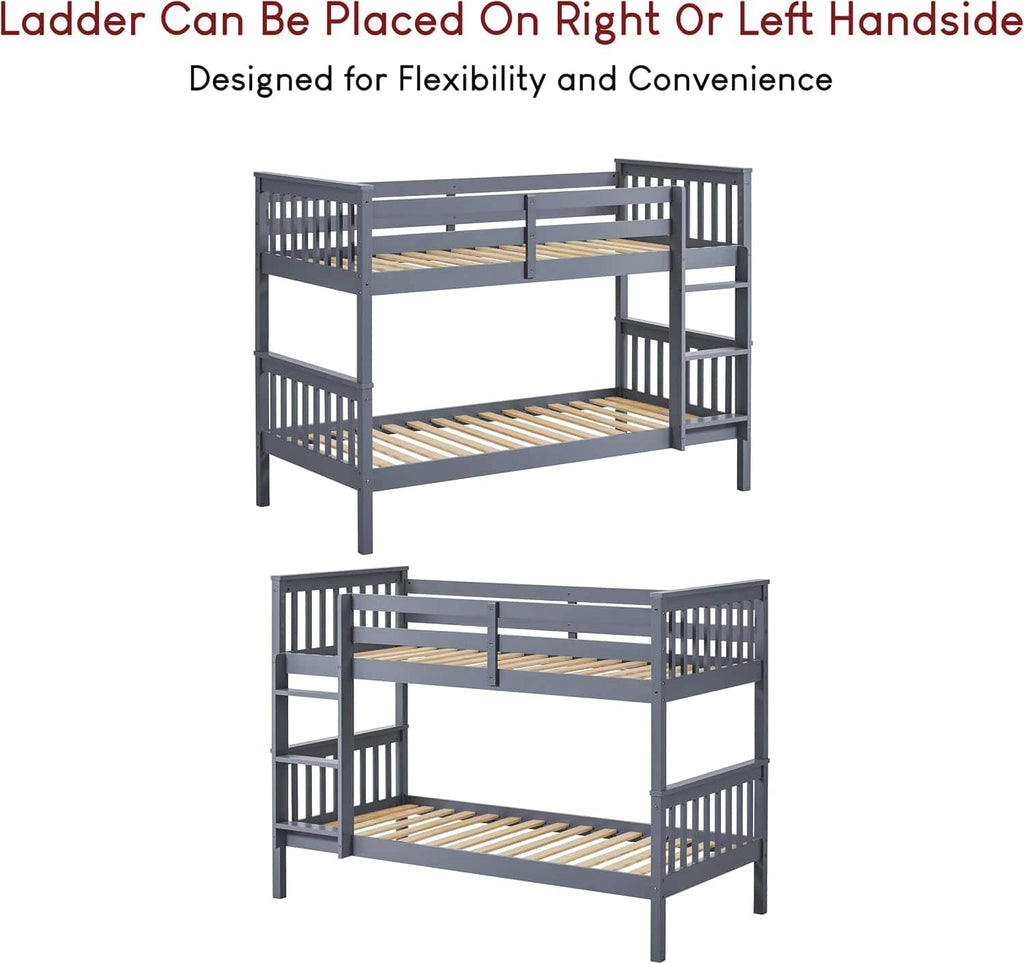 Single Bunk Bed Frame | Solid Pine Wood | Guard Rails & Ladder | Splits into 2 Beds | White & Grey