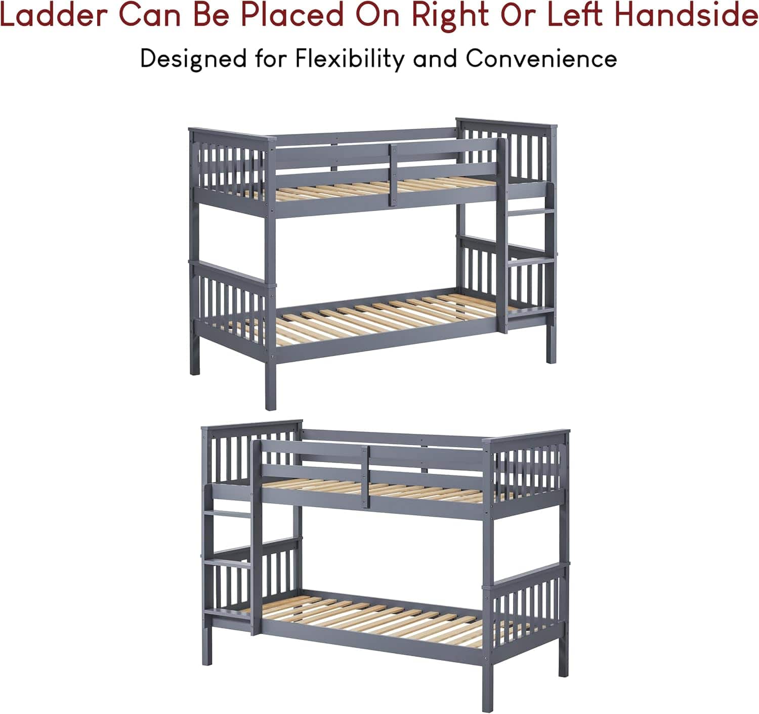 Single Bunk Bed Frame | Solid Pine Wood | Guard Rails & Ladder | Splits into 2 Beds | White & Grey