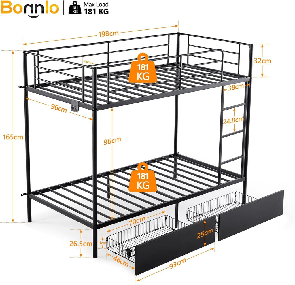 Metal Bunk Bed Single over Single | 38cm Full-Length Guardrail | Non-Slip Ladder | Optional Drawer | Black, White & Grey