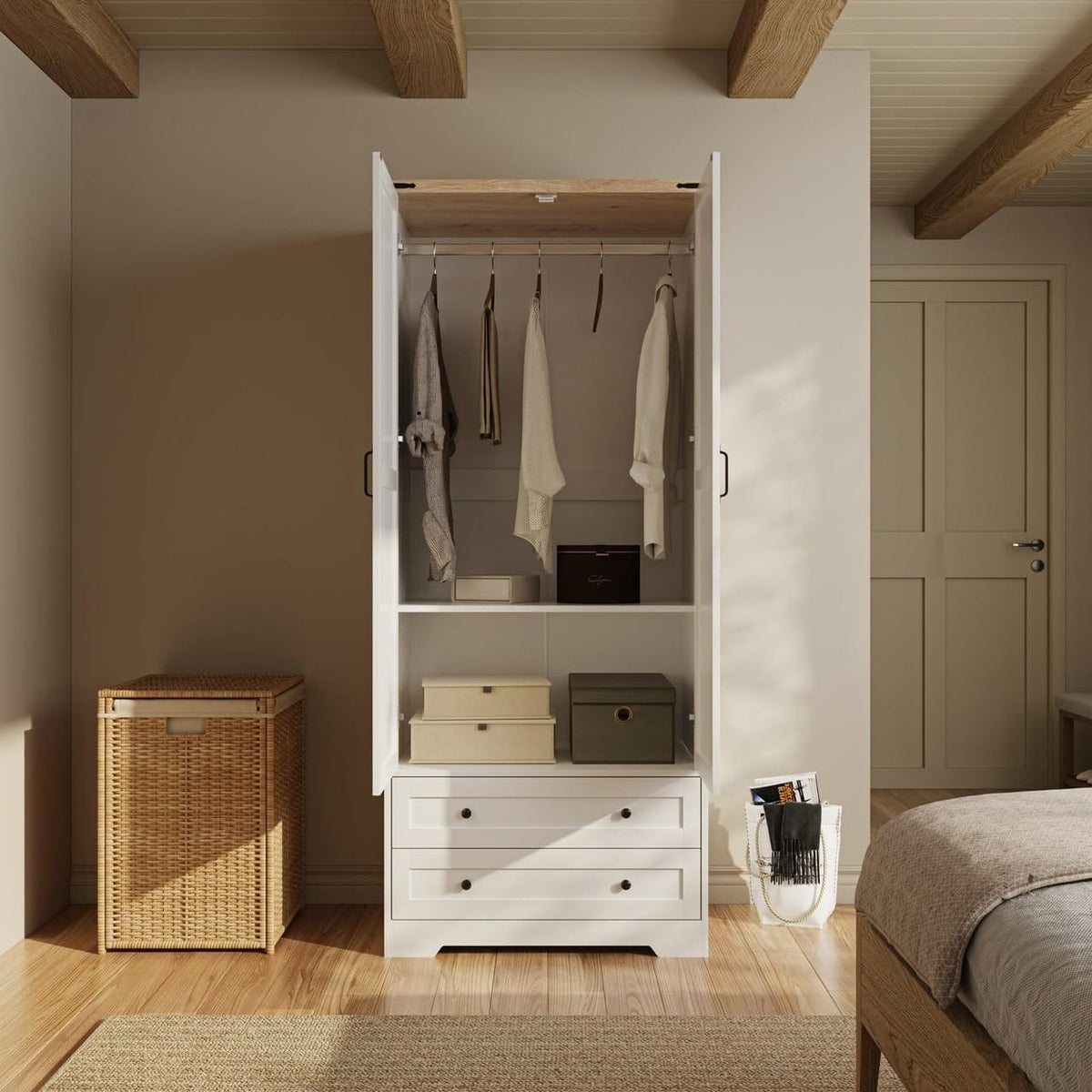 Shano Wardrobe with 3 Doors & 4 Drawers | White, Black, Grey & Oak