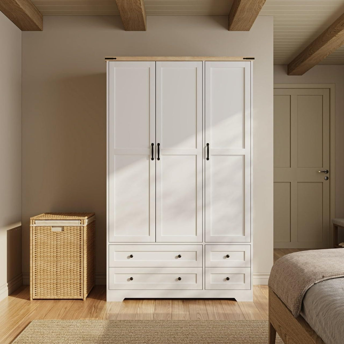 Shano Wardrobe with 3 Doors & 4 Drawers | White, Black, Grey & Oak