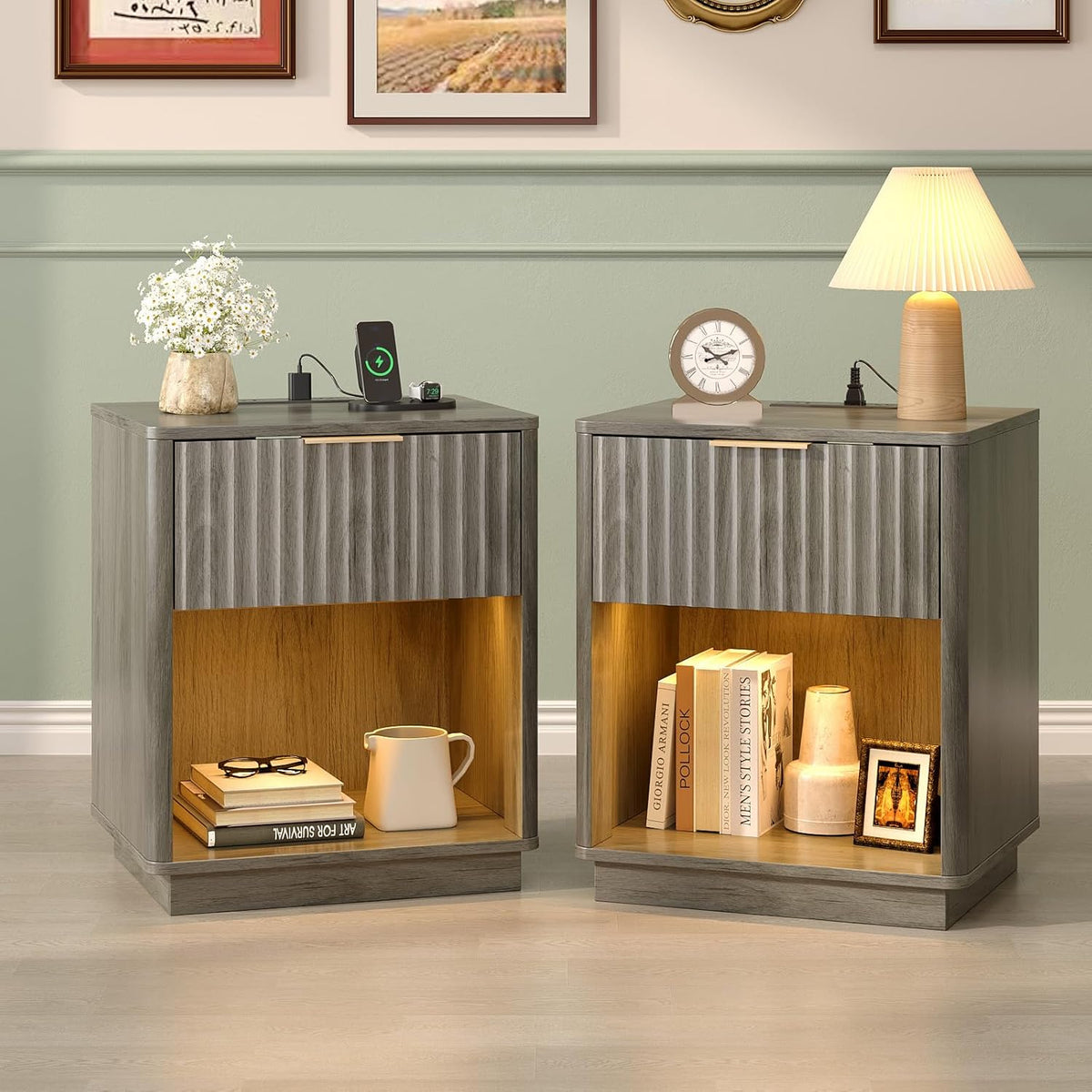 Smart Bedside Table with LED Lights & USB Charging | Fluted Design | 1 or 2 Pack | Oak, Gray Oak & Walnut