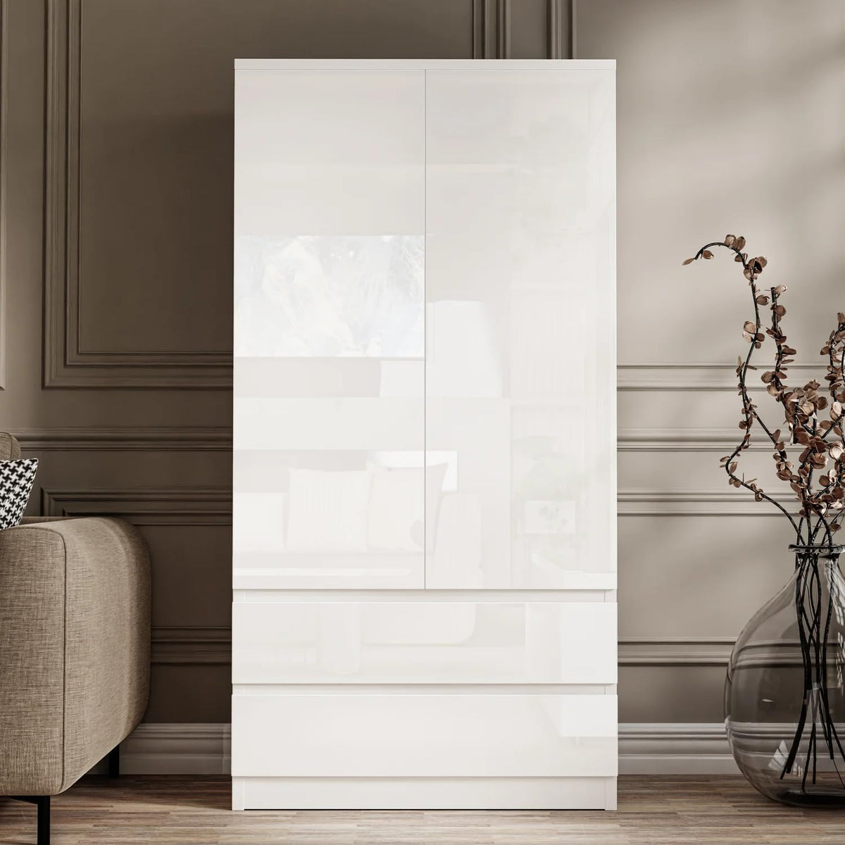 Shano High Gloss Wardrobe for Bedroom – White 2 Door & 2 Drawers Wooden Wardrobe with Hanging Rail, Modern Double Clothes Storage Cupboard Unit for Bedroom Furniture