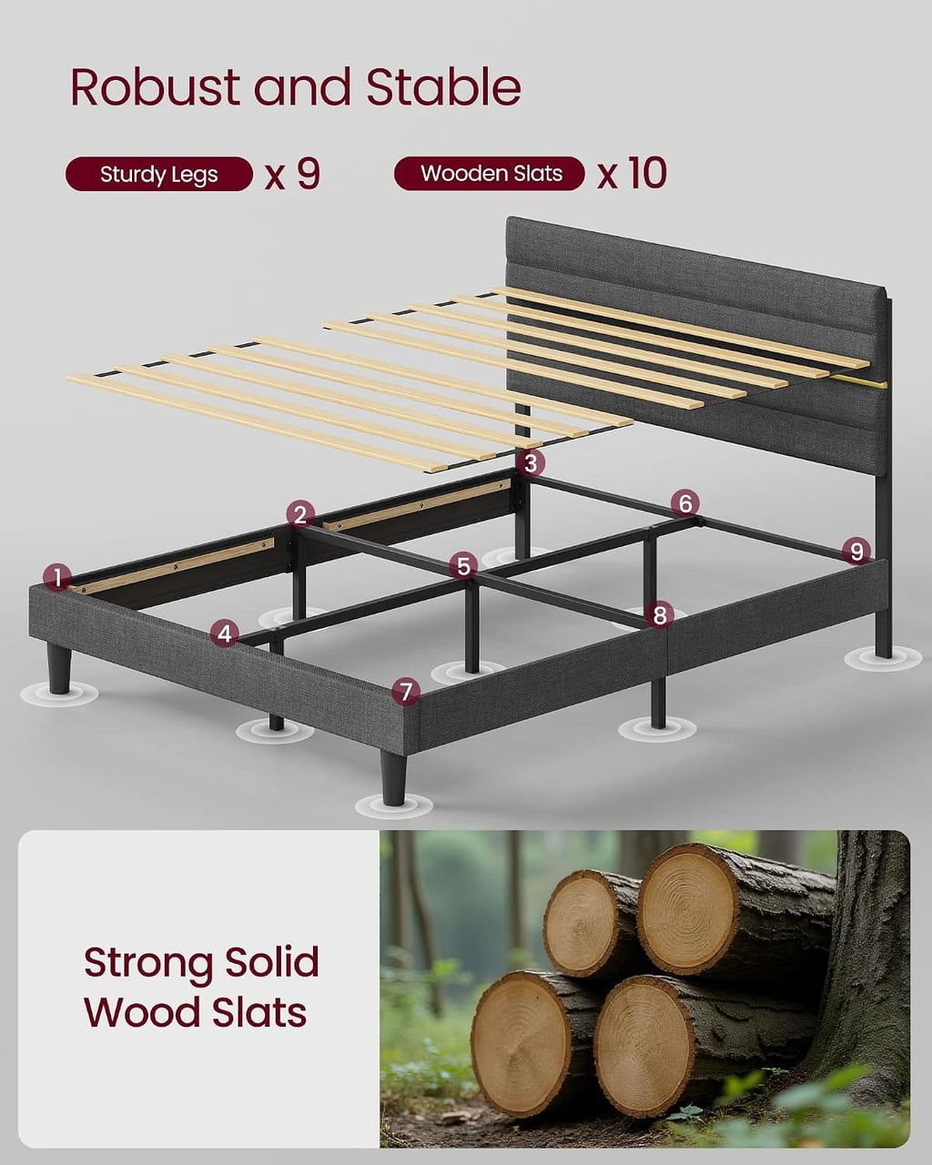 Upholstered Bed Frame | Adjustable Headboard | Metal Frame & Wooden Slats | Double & King