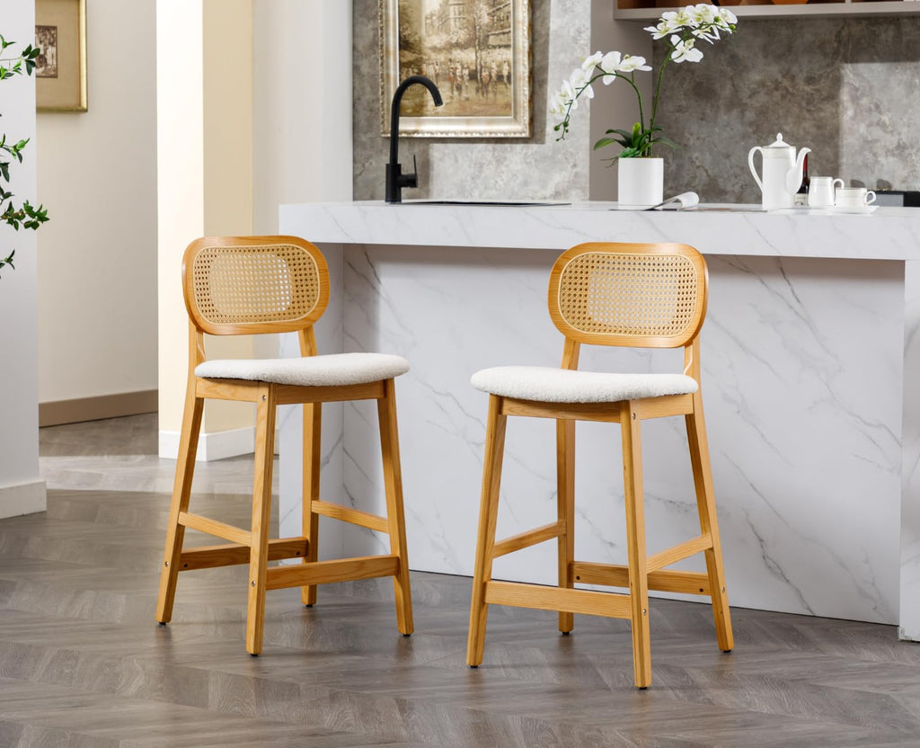 Shano Bar Stools Set of 2 | Rattan Backrest | Adjustable Height | PU Cushion | 4 Colours