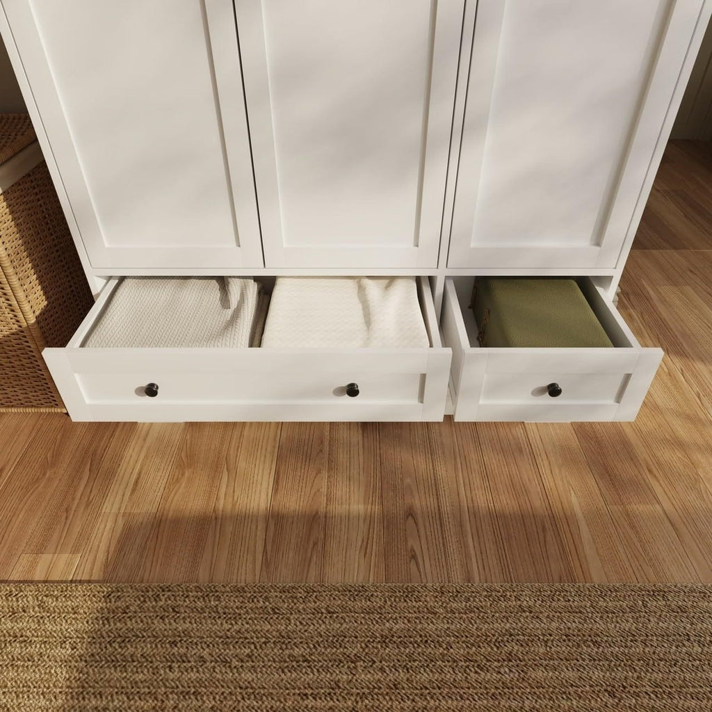 Shano Wardrobe with 3 Doors & 4 Drawers | White, Black, Grey & Oak