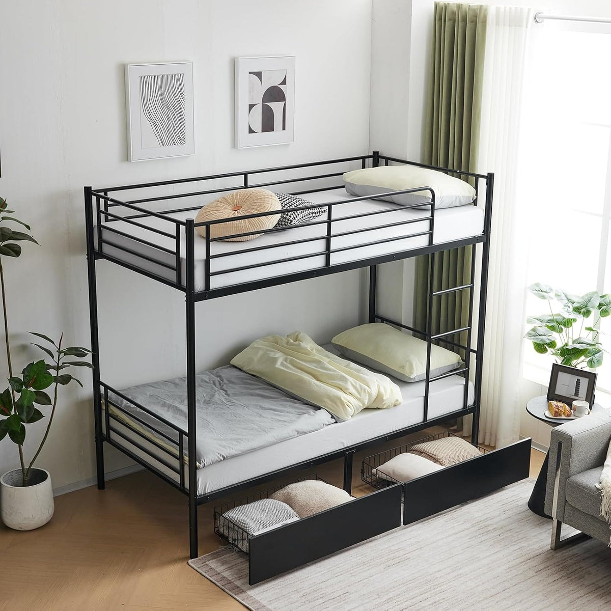 Heavy Duty Metal Bunk Bed Frame with 2 Storage Drawers