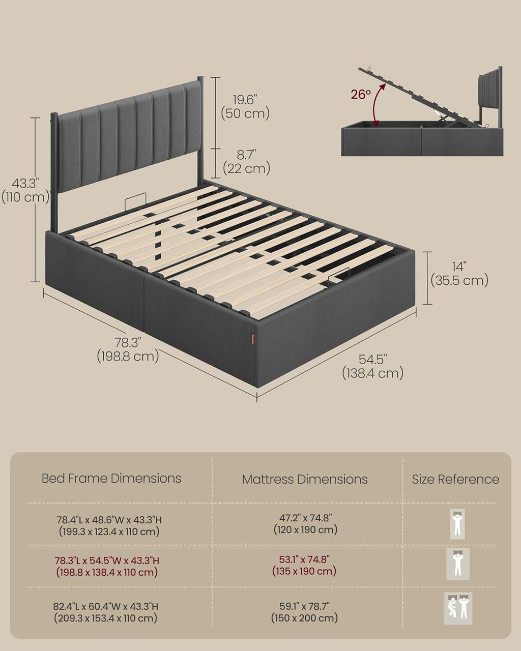 Ottoman Bed Frame with Lift-Up Storage | Hydraulic Lift | Upholstered Headboard | Double & Small Double