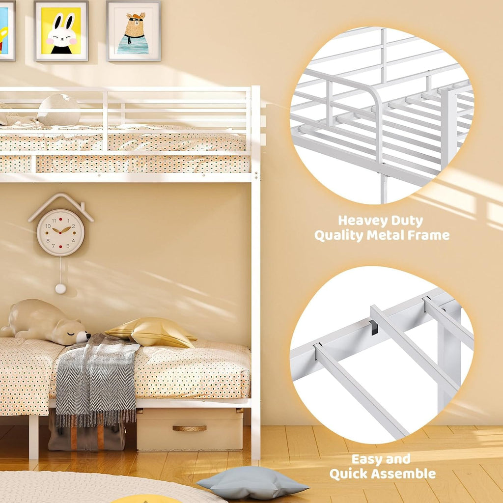 Metal Bunk Bed Single over Single | 38cm Full-Length Guardrail | Non-Slip Ladder | Optional Drawer | Black, White & Grey