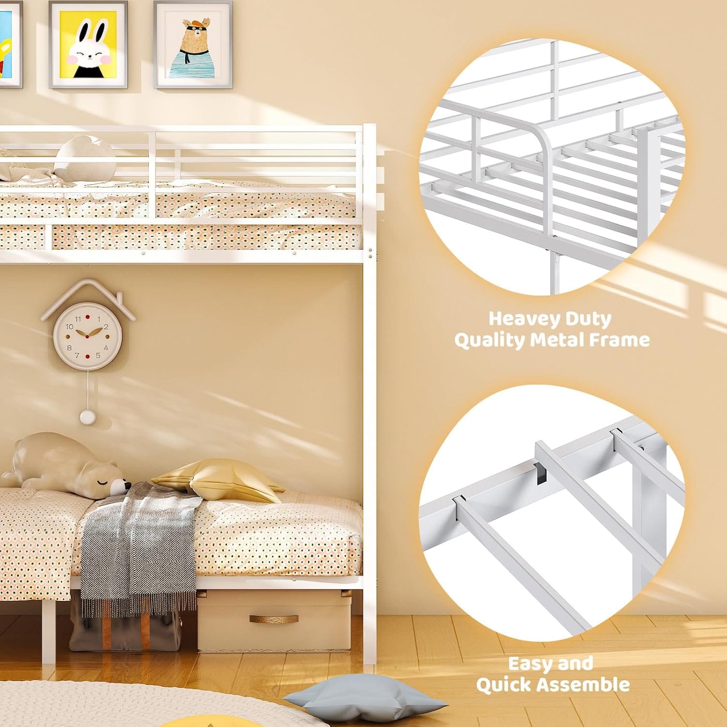 Metal Bunk Bed Single over Single | 38cm Full-Length Guardrail | Non-Slip Ladder | Optional Drawer | Black, White & Grey